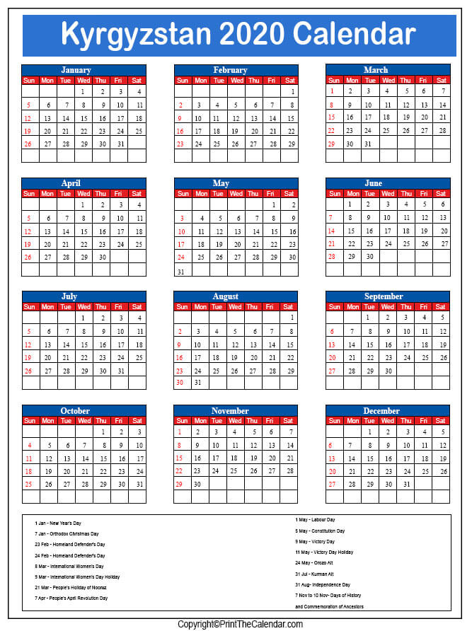 Kyrgyzstan Printable Calendar 2020